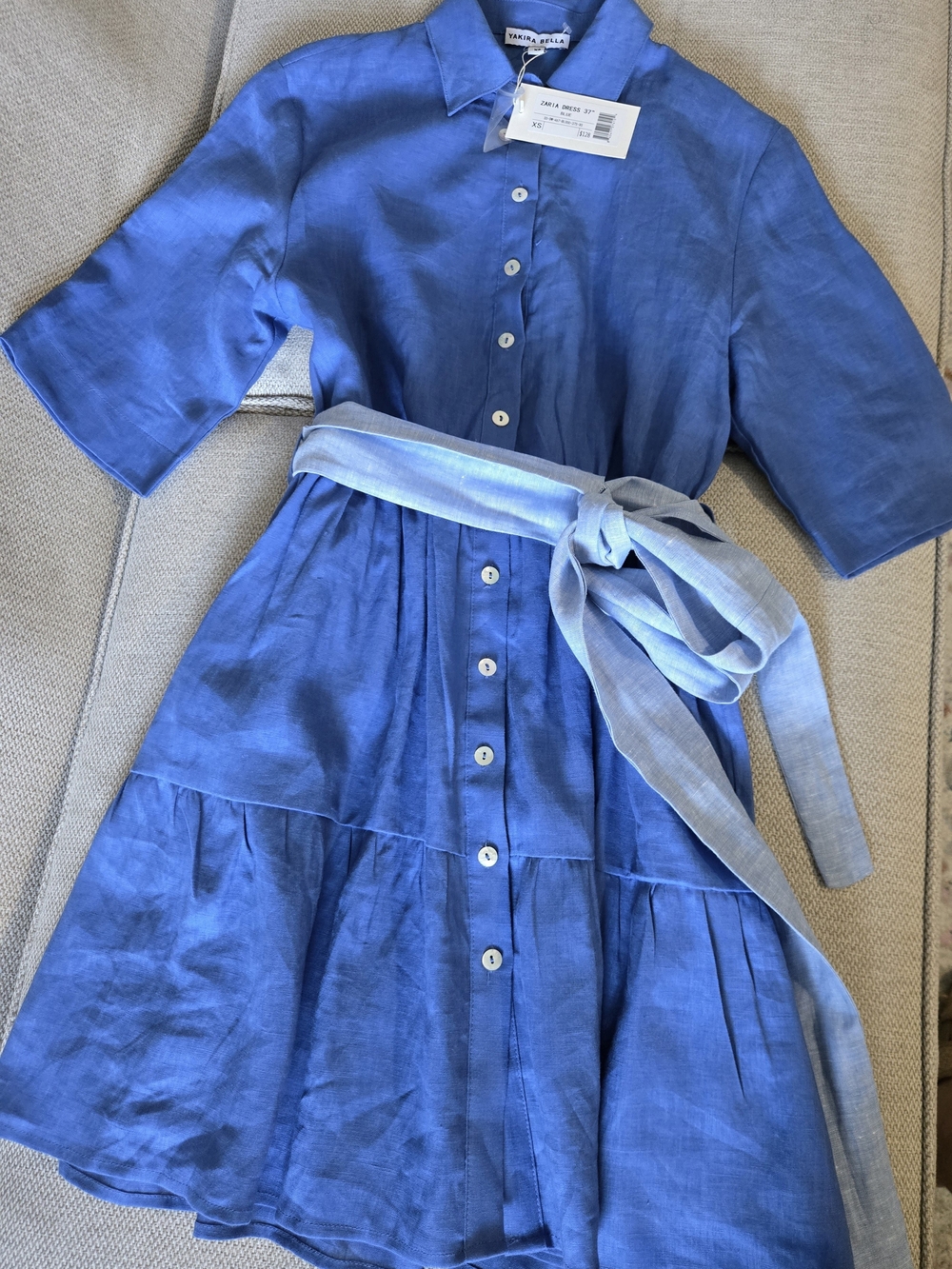 NWT Light Blue Linen Button-Front Dress with Tie Belt